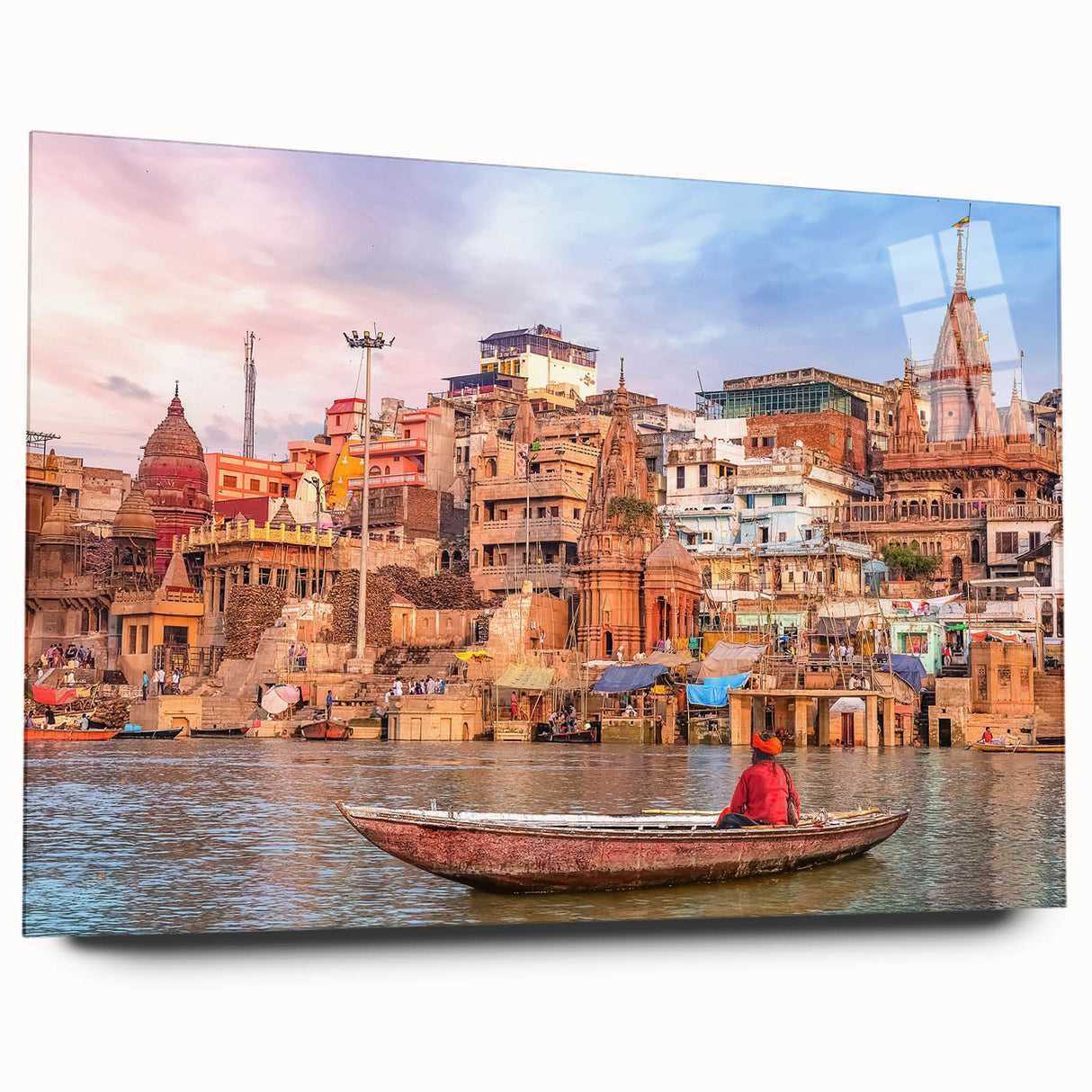 Large abstract wall art of an Indian scenery in vibrant colors on acrylic glass, ideal for bedroom or dining room decor.