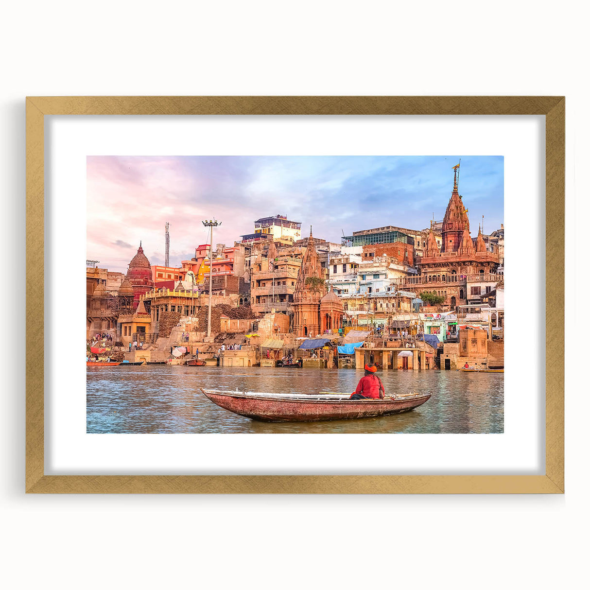 Extra large wall art featuring an abstract textured print of an Indian scenery in gold tones, ideal for living room decor.