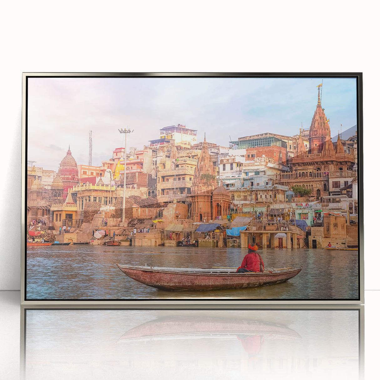 Mid-century modernist art depicting Indian scenery in silver acrylic frame, suitable for modern art wall decor.