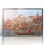 Mid-century modernist art depicting Indian scenery in silver acrylic frame, suitable for modern art wall decor.