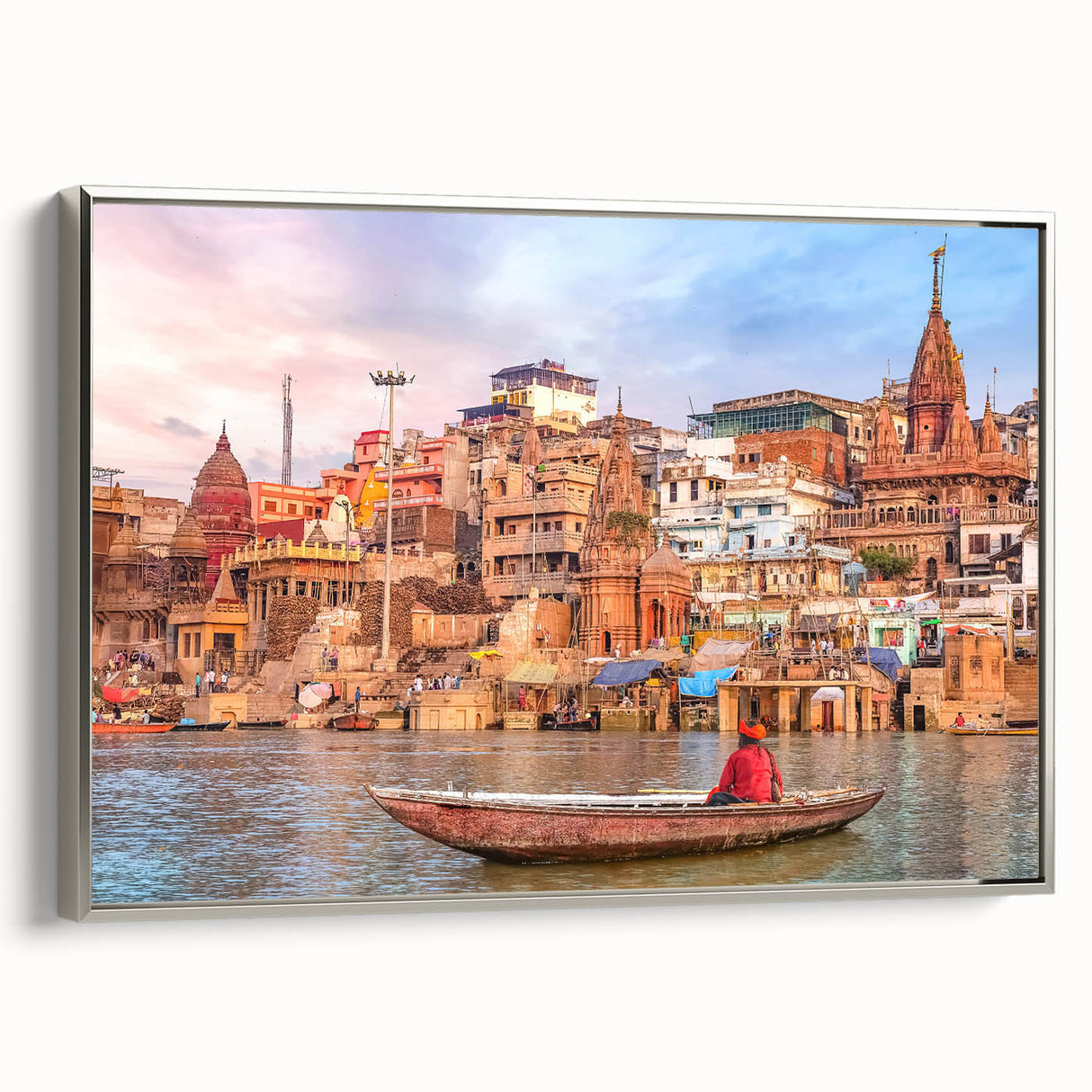 Landscape art painting on framed canvas depicting a colorful vintage Indian scenery.