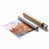 Extra large rolled print of a serene Indian landscape with vibrant floral elements, ideal for classy bathroom wall art.