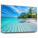 Acrylic print of a serene Maldives landscape, with vivid blues and greens, ideal for bedroom or dining room decor.
