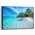 Black and white framed canvas depicting a serene Maldivian landscape, ideal for bedroom wall art.