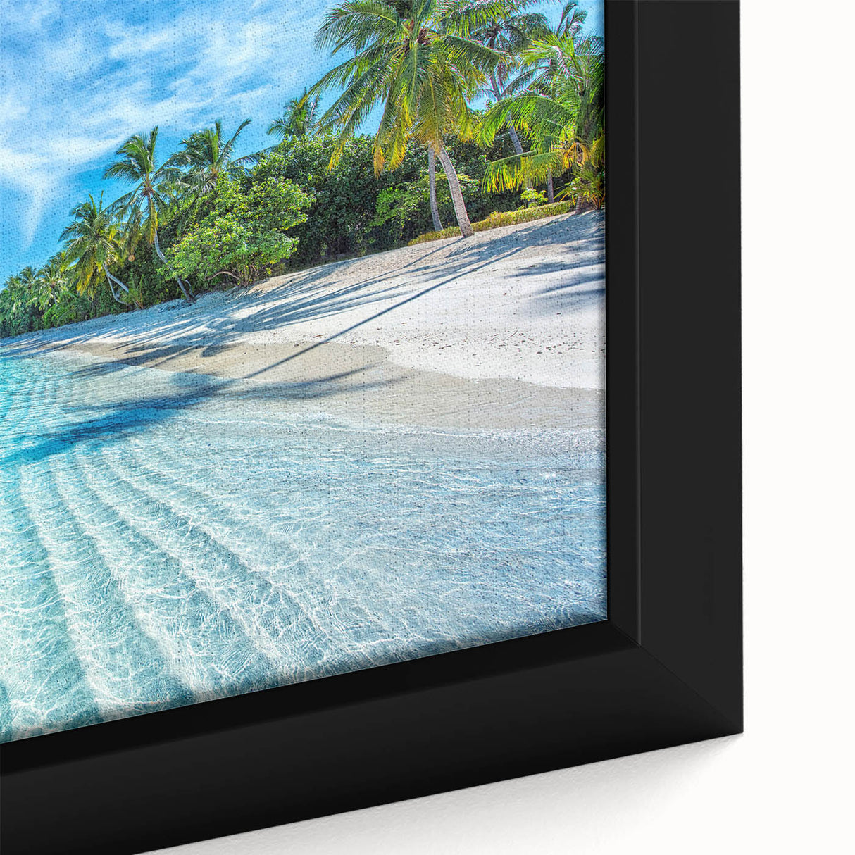 Extra large framed canvas featuring a textured, colorful Maldivian scenery on black background, ideal for living room decor.
