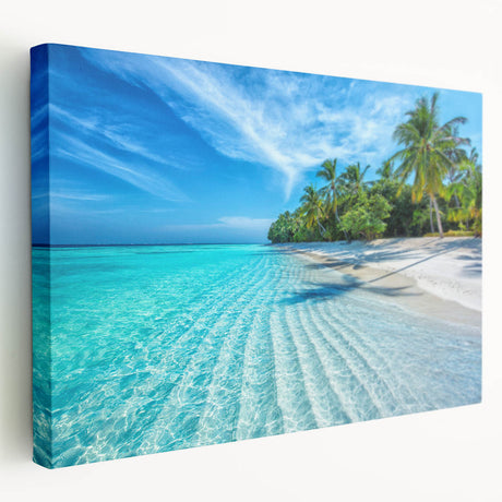 A serene Maldivian landscape on stretched canvas, featuring soft blue and green hues, ideal for kitchen wall art.