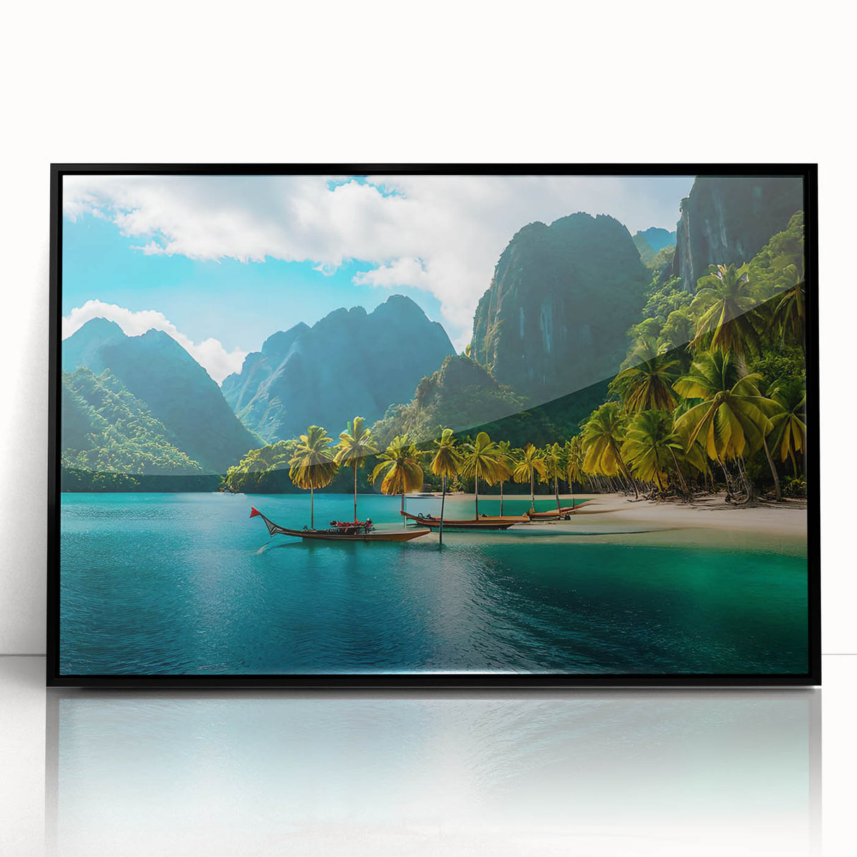 Large abstract wall art depicting a scenic Philippine landscape in muted earth tones, framed in black acrylic.