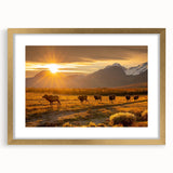 Abstract art print of Yukon scenery in muted earth tones on a gold-framed canvas.