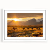 Abstract art print of Yukon scenery in muted earth tones on a framed white mat, ideal for dining room decor.