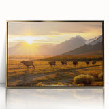 Mid-century modernist acrylic print of a serene Yukon landscape in muted earth tones, framed in gold.