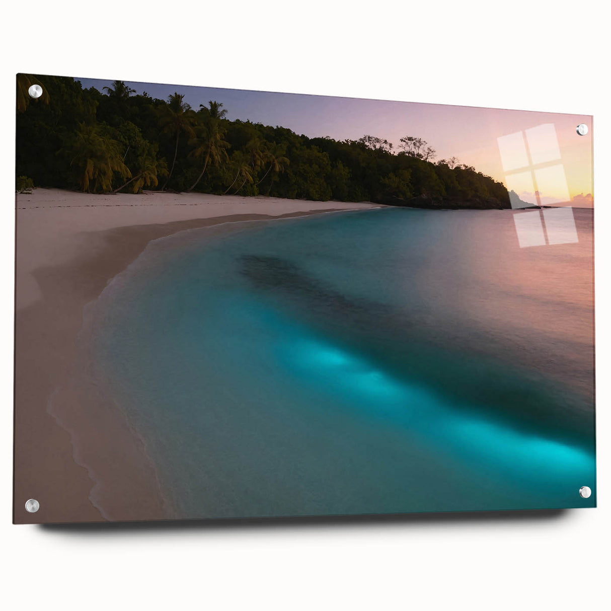 Large abstract wall art of a Caribbean scenery in vibrant blue and green tones on acrylic glass.