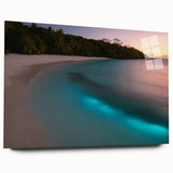 Large abstract wall art of a Caribbean scenery in vibrant blue and green hues on acrylic glass.