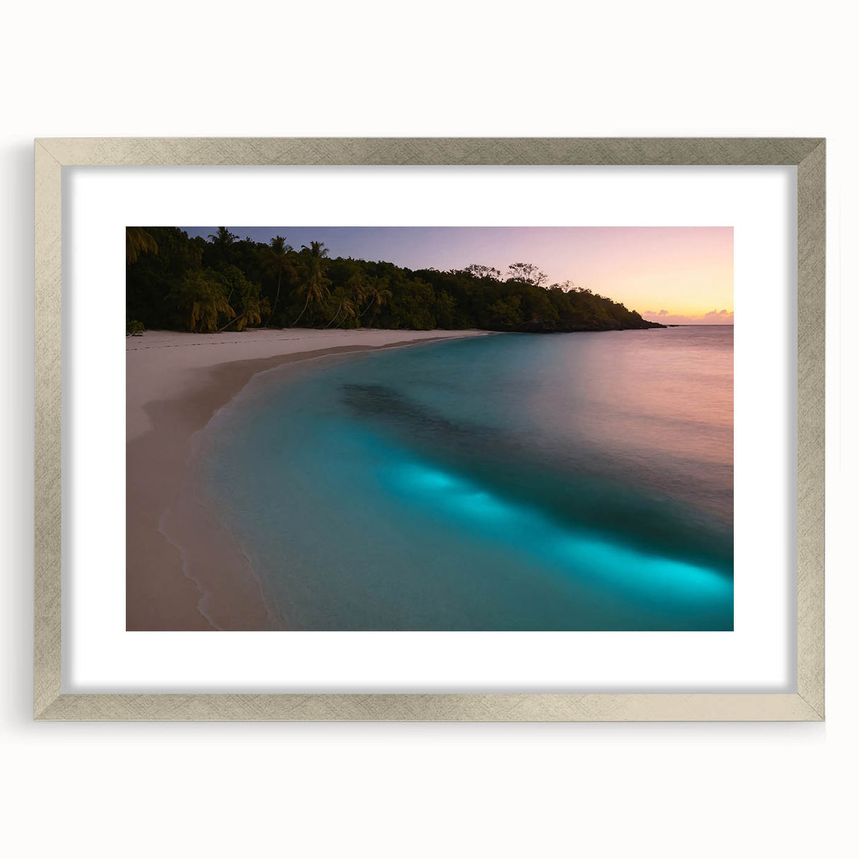 Extra large abstract art print of a Caribbean scenery in muted blue and green tones, framed in silver.