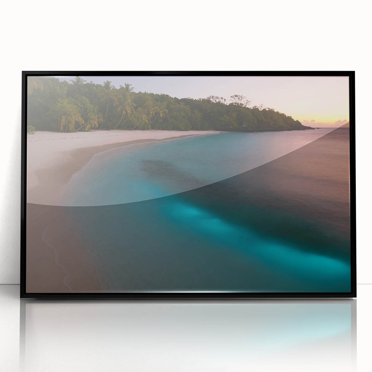 Large abstract wall art depicting a Caribbean scenery in vibrant blue and green tones on a framed acrylic.