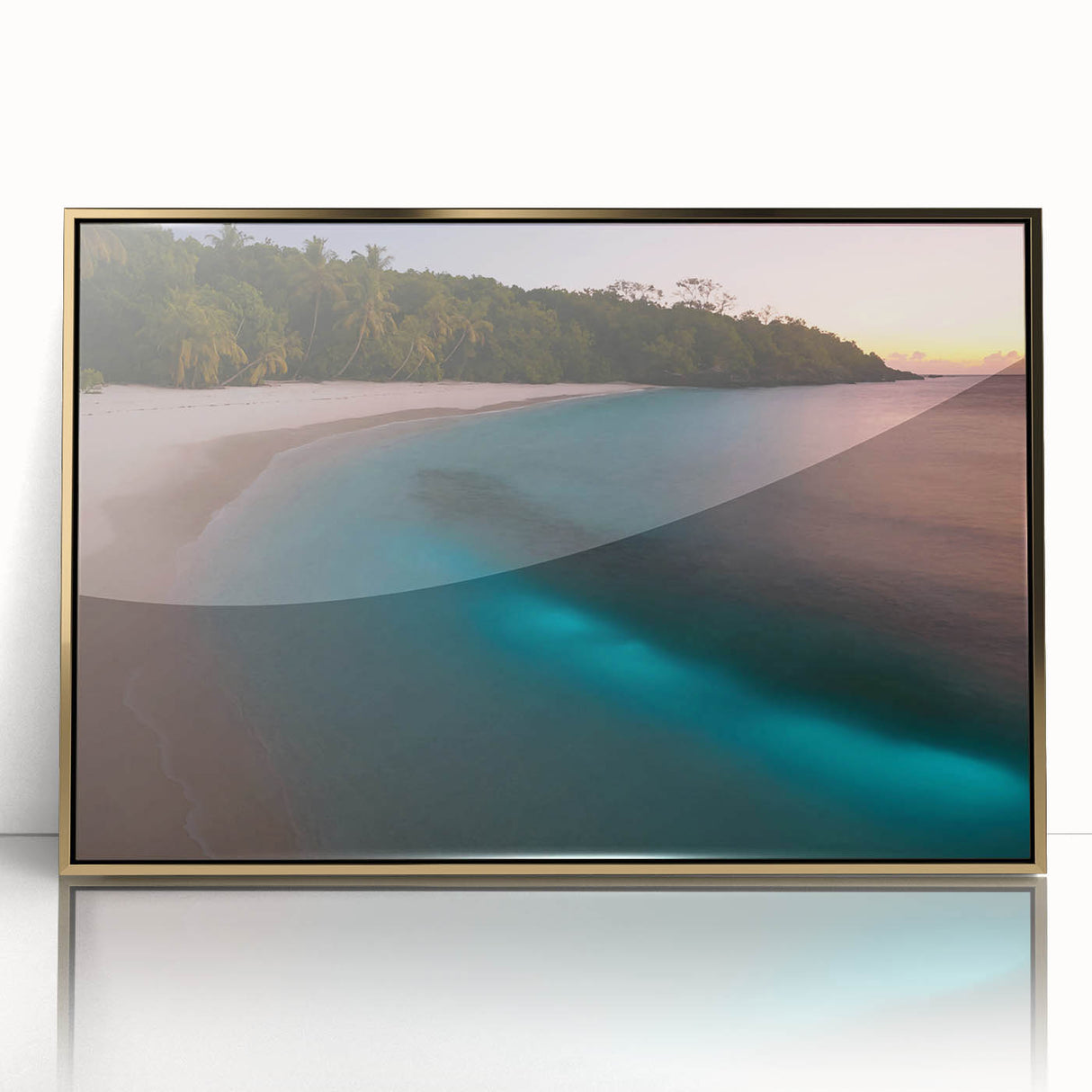 Art deco poster of a Caribbean scenery with muted gold and blue tones, acrylic framed, suitable for modern nursery decor.