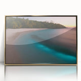 Art deco poster of a Caribbean scenery with muted gold and blue tones, acrylic framed, suitable for modern nursery decor.