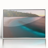 Mid-century modernist art depicting a tranquil Caribbean landscape on a framed acrylic, ideal for nursery wall decor.