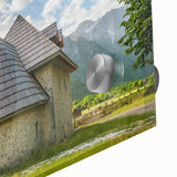 Large abstract wall art depicting a European Albanian scenery in muted earth tones on acrylic glass.