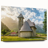 Large abstract wall art of a European scenery on acrylic glass, with a muted color palette, ideal for dining room decor.