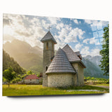 Large abstract wall art of European scenery in muted blue and green tones on acrylic glass.