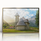 Art deco poster of European scenery in Albania, featuring gold acrylic frame, ideal for modern art wall decor in a nursery.