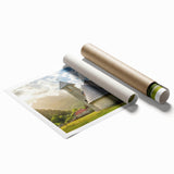 Extra large rolled print of a European Albanian scenery with floral elements in soft pastel colors.