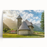 Large black and white photograph of a European cityscape printed on stretched canvas, ideal for kitchen wall art.