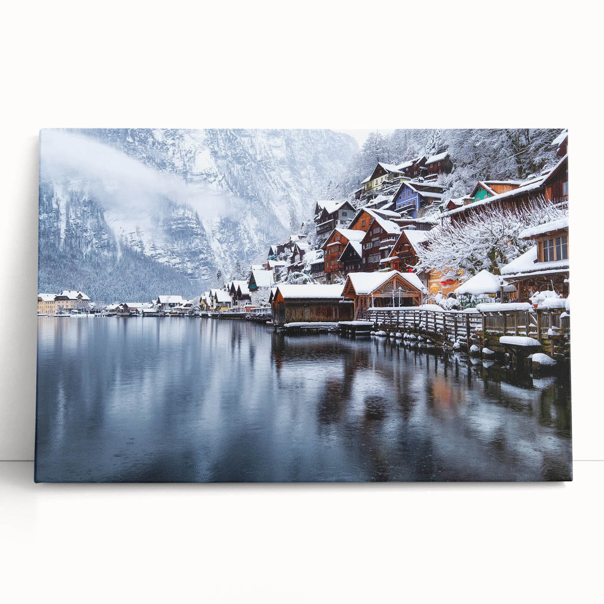 Black and white photo of Austrian landscape on stretched canvas, ideal for kitchen wall art.