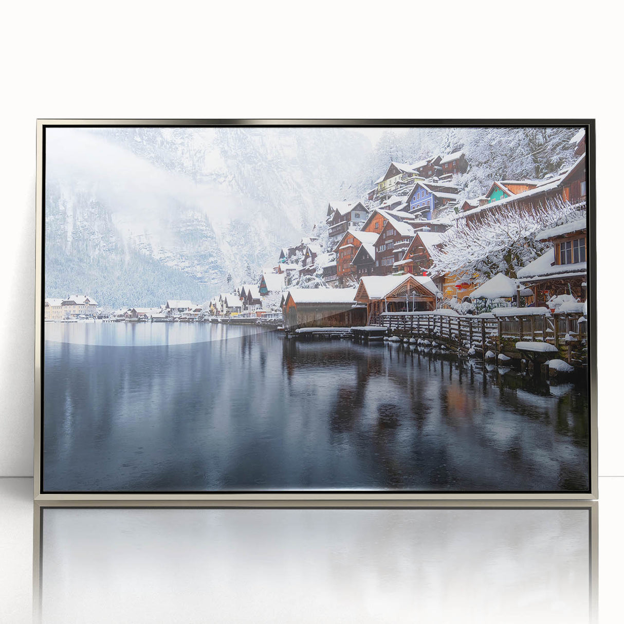 Mid-century modernist art depicting a scenic Austrian landscape in muted earth tones on a silver-framed acrylic print.