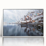 Art deco poster of an Austrian landscape in muted greens and blues on framed acrylic, ideal for modern art wall decor.