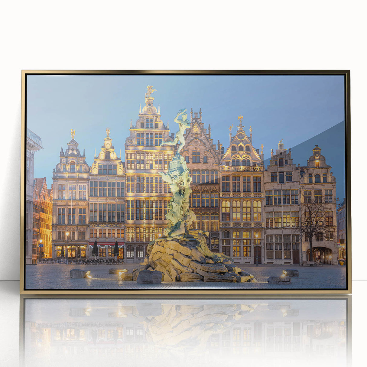 Art Deco poster of a European scenery in Belgium, muted gold and blue tones on acrylic, ideal for modern art wall decor.
