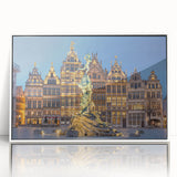 Mid-century modernist art depicting a serene European landscape in muted earth tones on a white framed acrylic.