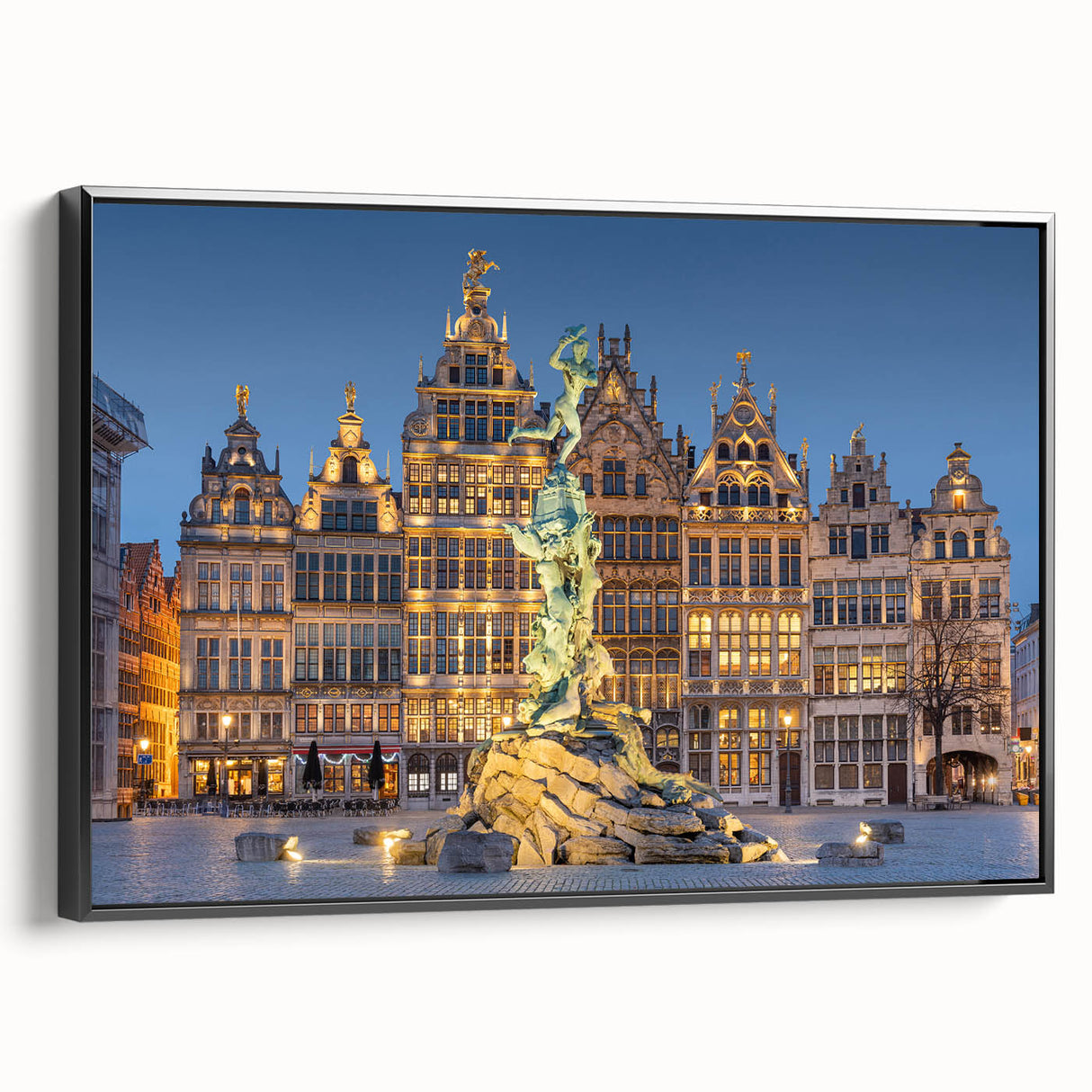 Black and white vintage poster art of a European landscape on framed canvas, suitable for bedroom decor.