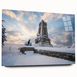 Large abstract wall art of a European scenery in muted earth tones on acrylic glass, ideal for bedroom or dining room decor.