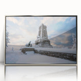 Large art print of a serene Bulgarian landscape in muted green and blue tones, framed in silver acrylic.