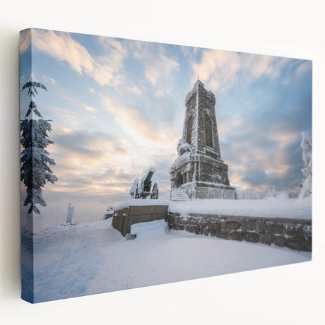 Large scenic artwork of a Bulgarian landscape on stretched canvas, depicted in muted earth tones.