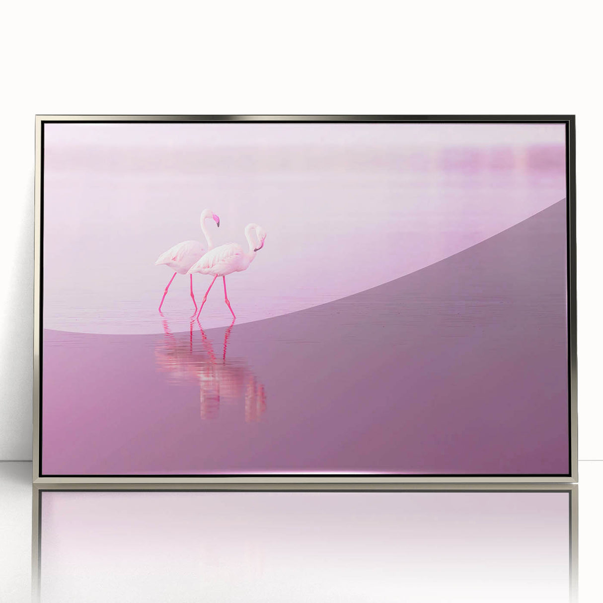 Large art print of a European Cyprus landscape in muted earth tones on a silver-framed acrylic.