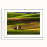 Textured art print of a European cityscape in muted earth tones on a framed white mat, ideal for bedroom art.