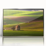 Large art print of a Czech Republic scenery in mid-century modernist style, acrylic framed in silver.