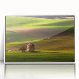 Mid-century modernist art of a Czech Republic scenery in muted colors on a white-framed acrylic, ideal for nursery wall art.