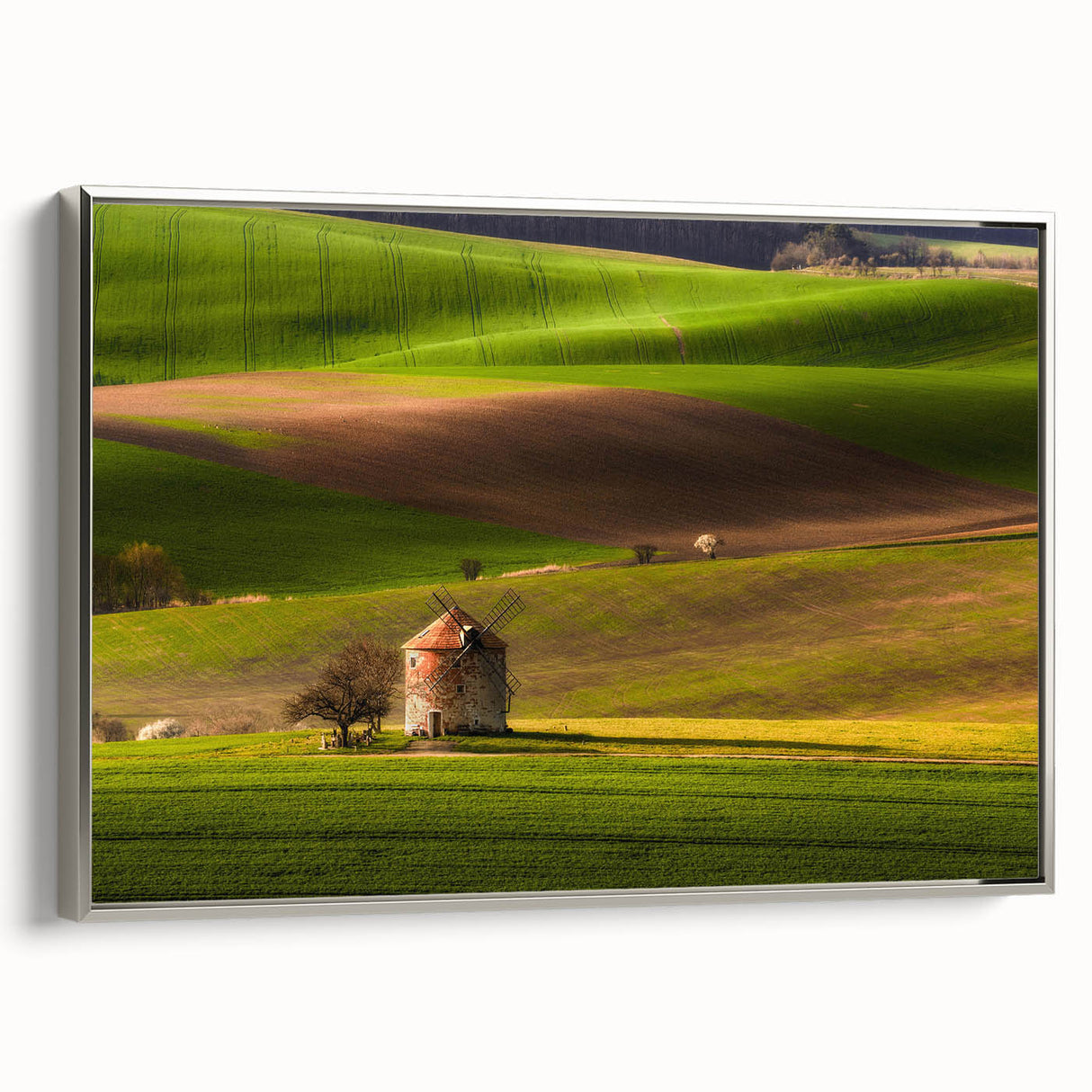 Framed canvas landscape art painting depicting a vintage-style Czech Republic scenery with colorful accents on a black…