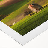 Art deco poster featuring a scenic European landscape in muted green and blue tones on rolled canvas.