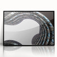 Large abstract wall art depicting a mid-century modernist European scenery in black acrylic frame.