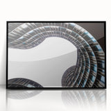 Large abstract wall art depicting a mid-century modernist European scenery in black acrylic frame.