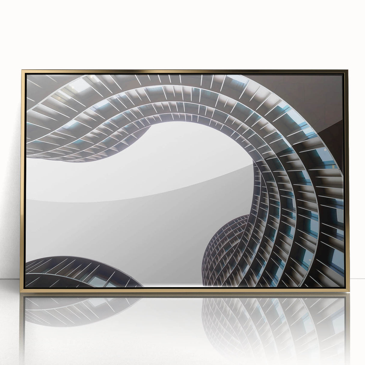 Art Deco poster of a European cityscape in gold and black tones, framed acrylic.