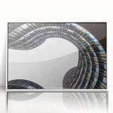 Mid-century modernist art depicting a serene European landscape in muted earth tones on a framed acrylic.