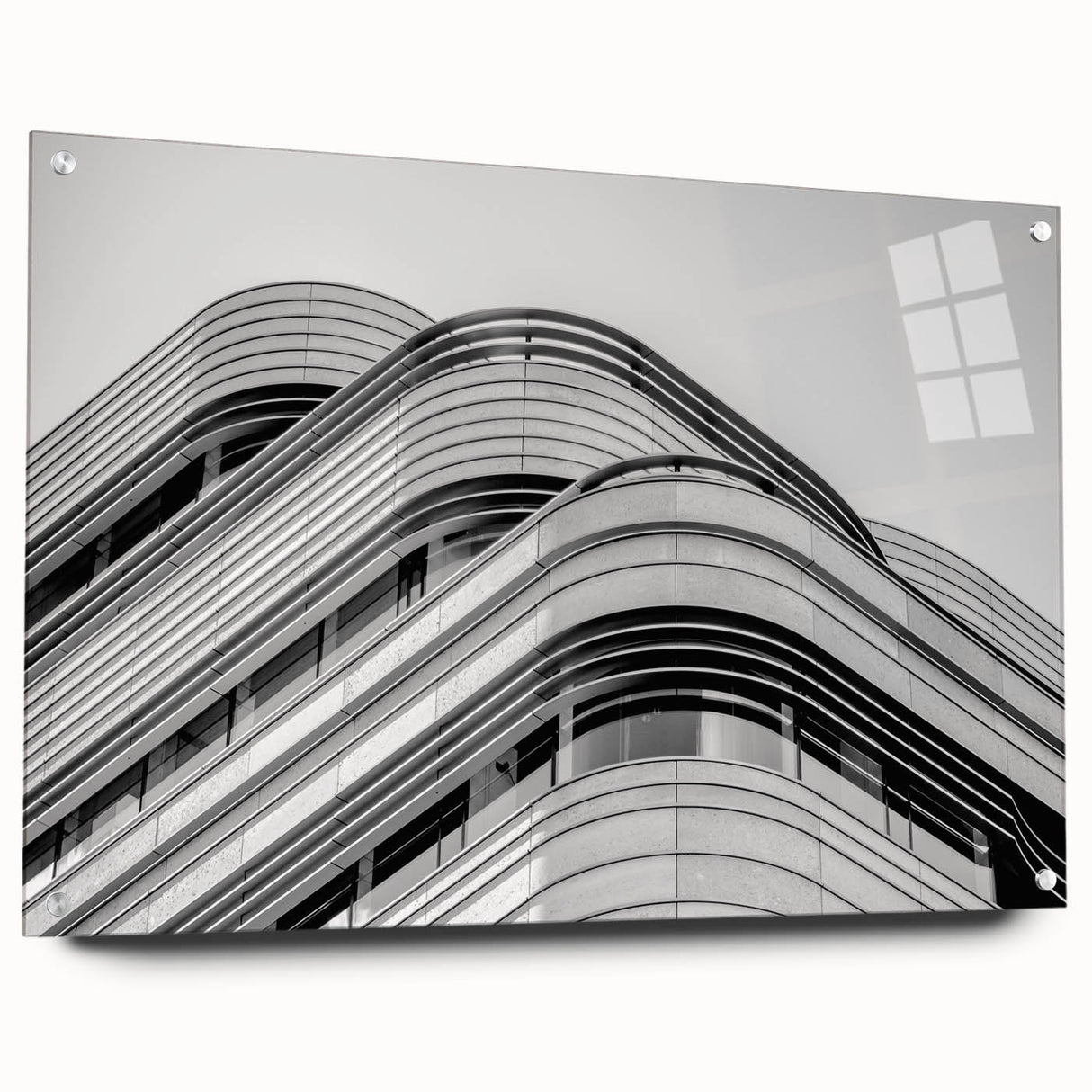 Acrylic print of London skyline in muted gray and blue tones, ideal for dining room decor.