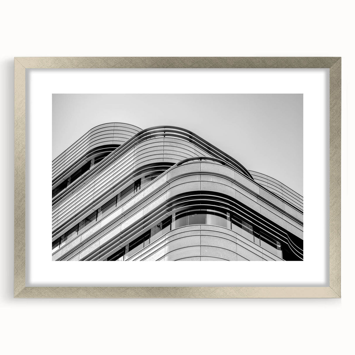 Extra large wall art of abstract London skyline in textured silver frame, ideal for living room decor.