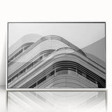 Mid-century modernist art of London skyline in muted blue and gray tones on framed acrylic, ideal for nursery wall art.