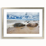 Extra large abstract art print depicting a textured European scenery in muted earth tones, framed in silver.